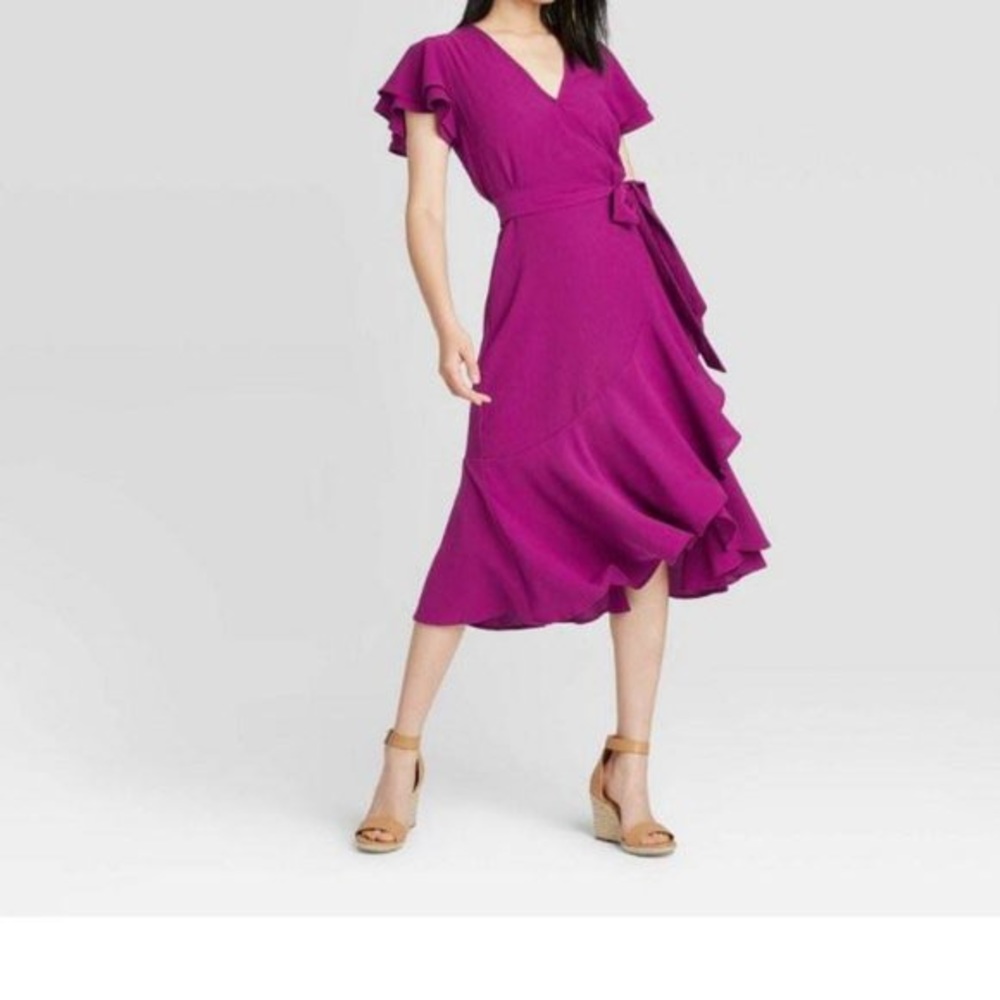 Fuchsia Ruffled Wrap Midi Dress